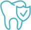 Icon with blue outline of a tooth with a shield and check mark in front of it