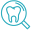 Icon with blue outline of a magnifying glass over a tooth