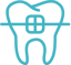 Icon with blue outline of a tooth with a plus sign and horizontal line going down the middle