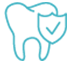 Icon with blue outline of a tooth with a shield and check mark in front of it